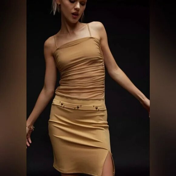 NWT UO Zemeta Mesh Low Belt Y2K Ruched Tan Mini Dress - Picture 7 of 7